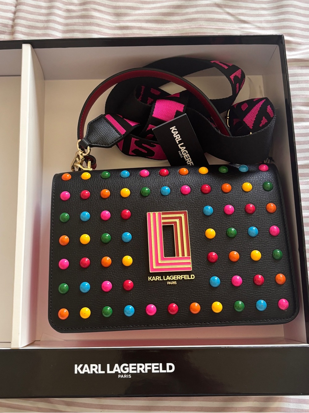Karl Lagerfeld Black Crossbody Bag with Multicolor Studs
